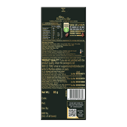Cadbury Bournville 70% dark chocolate bar showing the chocolate piece with rich cocoa texture and packaging.