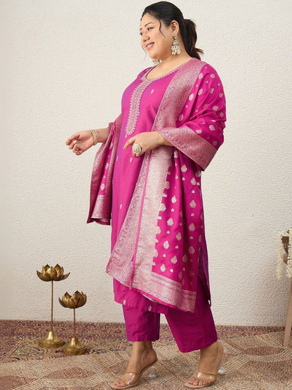 Indyancart Women's Ethnic Motifs Embroidered Regular Kurta with Trousers & With Dupatta