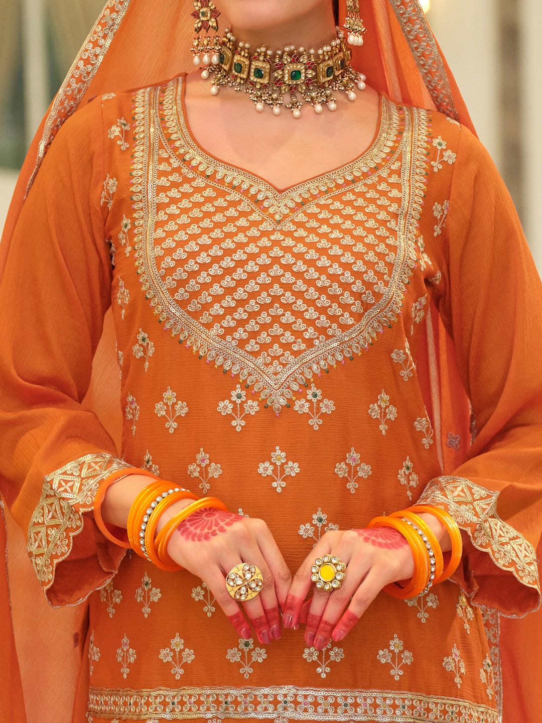 Women Ethnic Motifs Embroidered Long Sleeves Straight Kurta with Skirt & Dupatta
