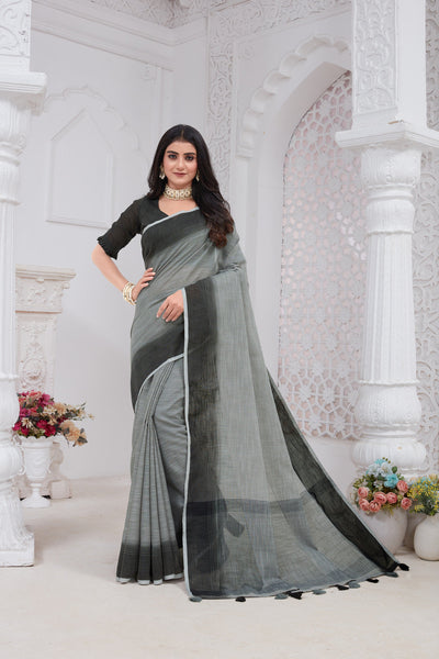 Indyancart GR Women's Shades Pewter Grey Handloom Linen Saree