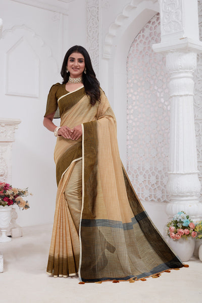 Indyancart GR Women's Shades Mid Orange Handloom Linen Saree