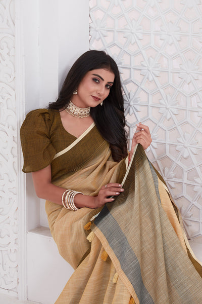 Indyancart GR Women's Shades Mid Orange Handloom Linen Saree