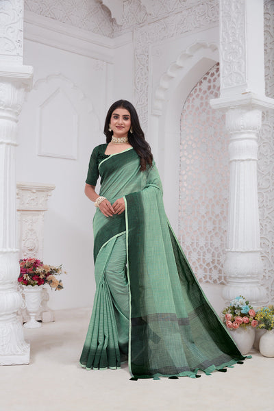 Indyancart GR Women's Shades Sage Turquoise Green Handloom Linen Saree