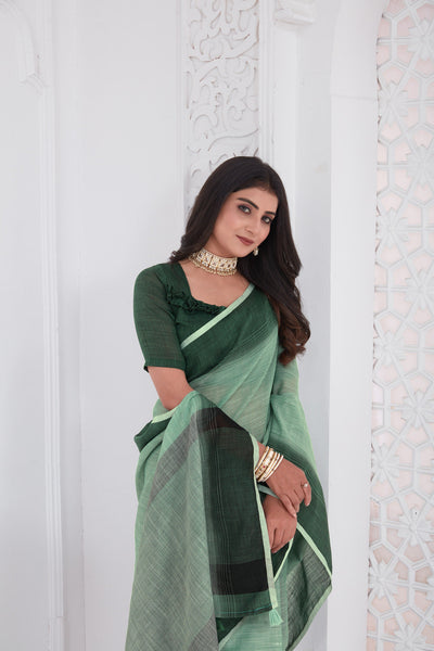 Indyancart GR Women's Shades Sage Turquoise Green Handloom Linen Saree