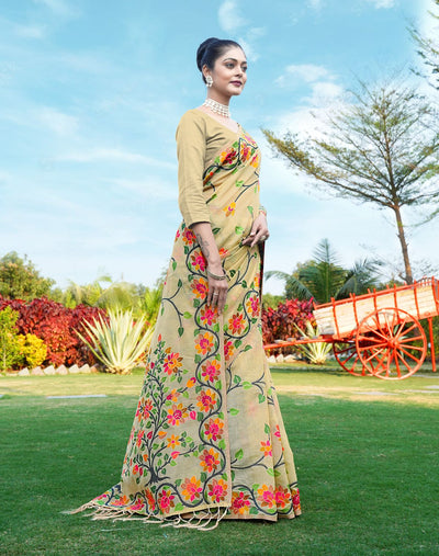 Indyancart GR Women's Shahida Jicama Beige Soft Cotton Jamdani Saree