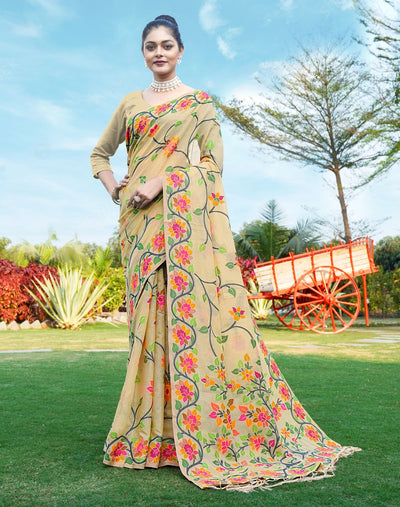 Indyancart GR Women's Shahida Jicama Beige Soft Cotton Jamdani Saree