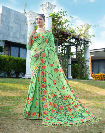 Indyancart GR Women's Shahida Clover Green Soft Cotton Jamdani Saree