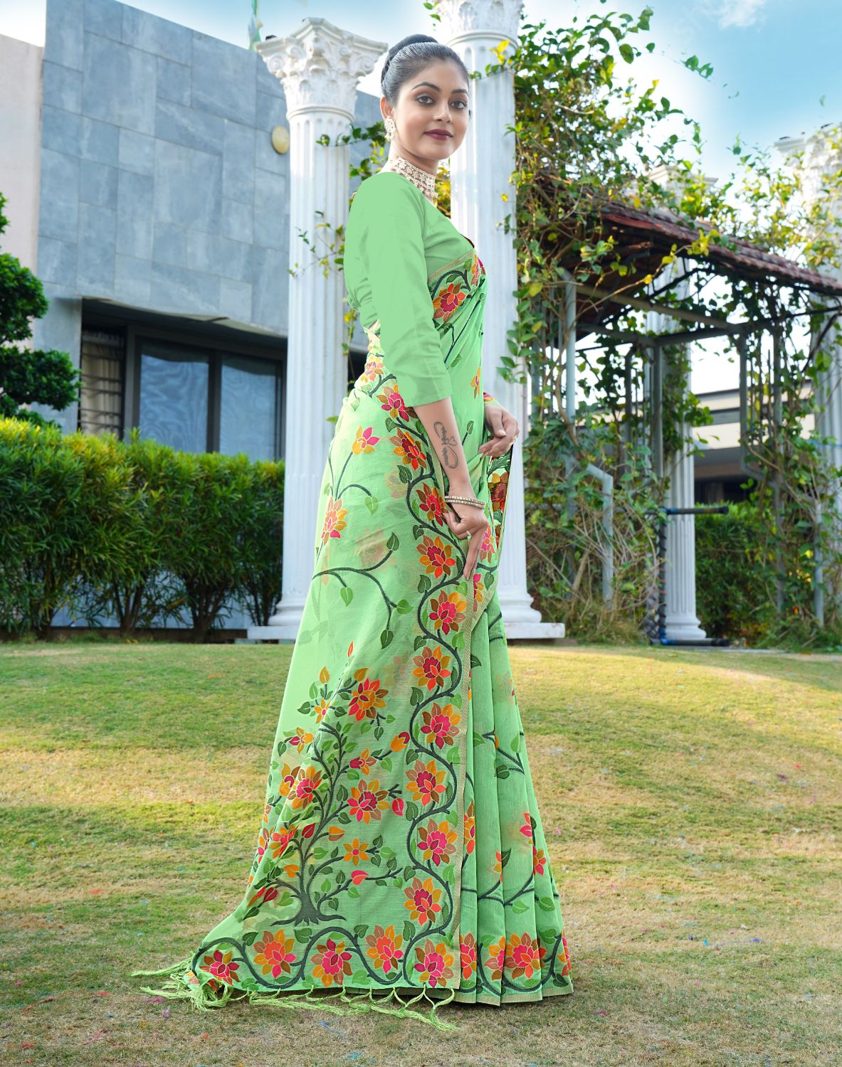 Dhiyona GR Women's Shahida Clover Green Soft Cotton Jamdani Saree