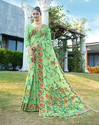 Indyancart GR Women's Shahida Clover Green Soft Cotton Jamdani Saree