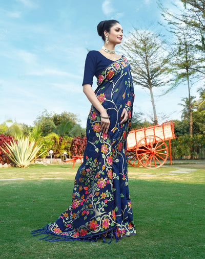 Indyancart GR Women's Shahida Neptune Blue Soft Cotton Jamdani Saree