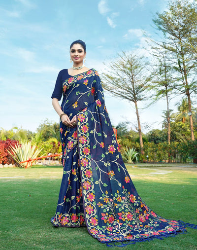 Indyancart GR Women's Shahida Neptune Blue Soft Cotton Jamdani Saree