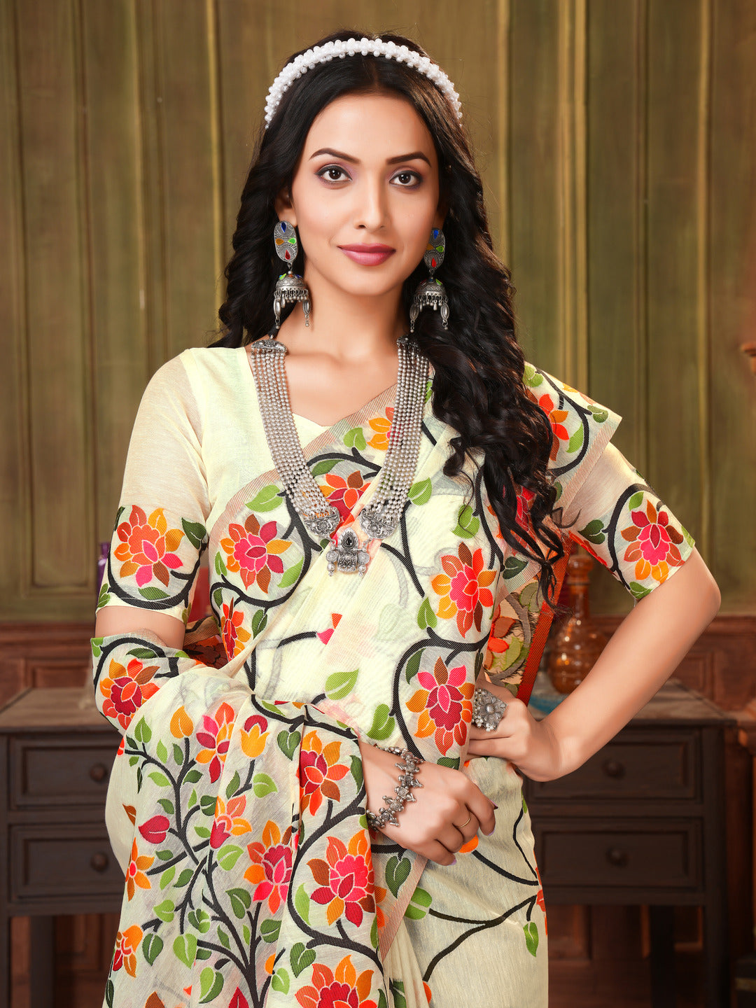 Indyancart GR Women's Shahida Mayonnaise White Soft Cotton Jamdani Saree