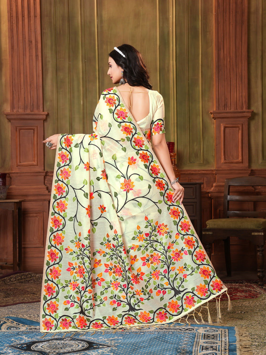 Indyancart GR Women's Shahida Mayonnaise White Soft Cotton Jamdani Saree
