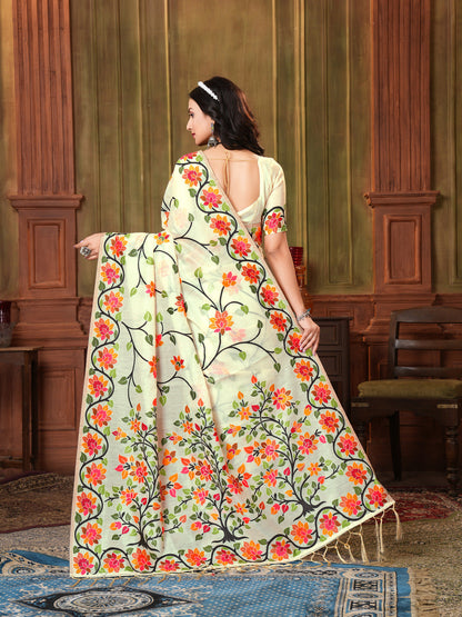 Indyancart GR Women's Shahida Mayonnaise White Soft Cotton Jamdani Saree