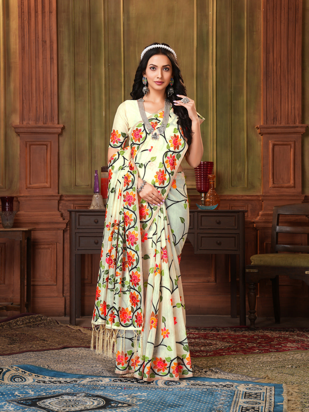 Indyancart GR Women's Shahida Mayonnaise White Soft Cotton Jamdani Saree