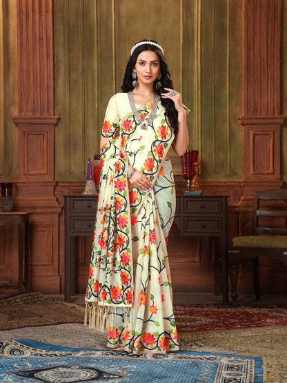 Indyancart GR Women's Shahida Mayonnaise White Soft Cotton Jamdani Saree