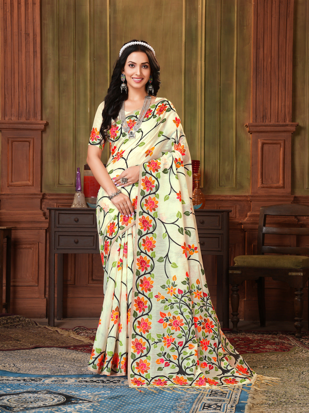 Indyancart GR Women's Shahida Mayonnaise White Soft Cotton Jamdani Saree