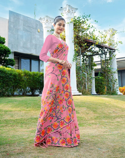 Indyancart GR Women's Shahida Rose Pink Soft Cotton Jamdani Saree