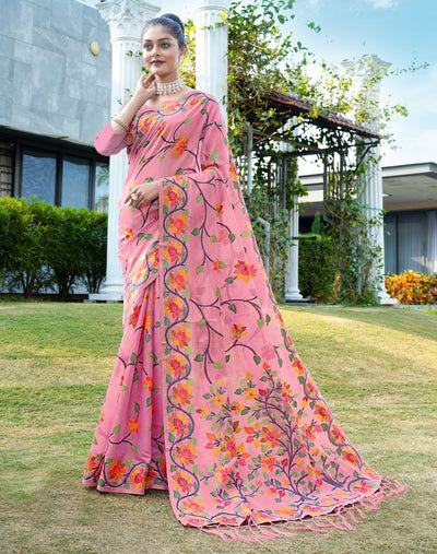 Indyancart GR Women's Shahida Rose Pink Soft Cotton Jamdani Saree
