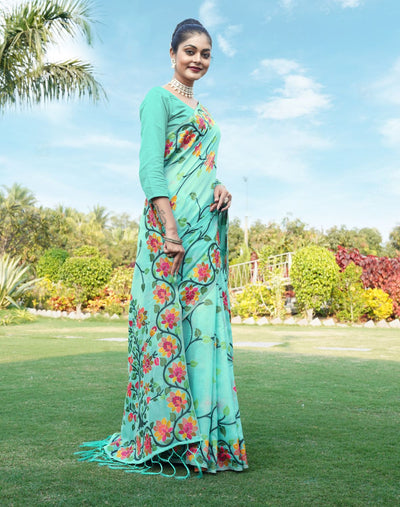 Indyancart GR Women's Shahida Sky Blue Soft Cotton Jamdani Saree