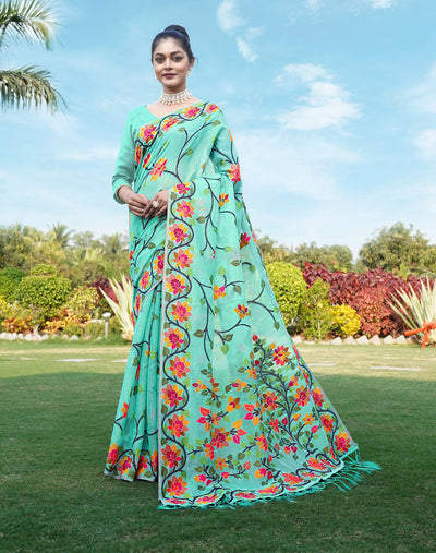 Indyancart GR Women's Shahida Sky Blue Soft Cotton Jamdani Saree