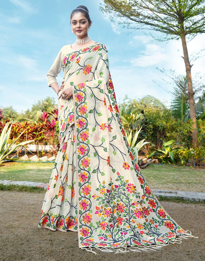 Indyancart GR Women's Shahida Candle White Soft Cotton Jamdani Saree