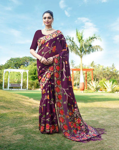 Indyancart GR Women's Shahida Plum Wine Soft Cotton Jamdani Saree