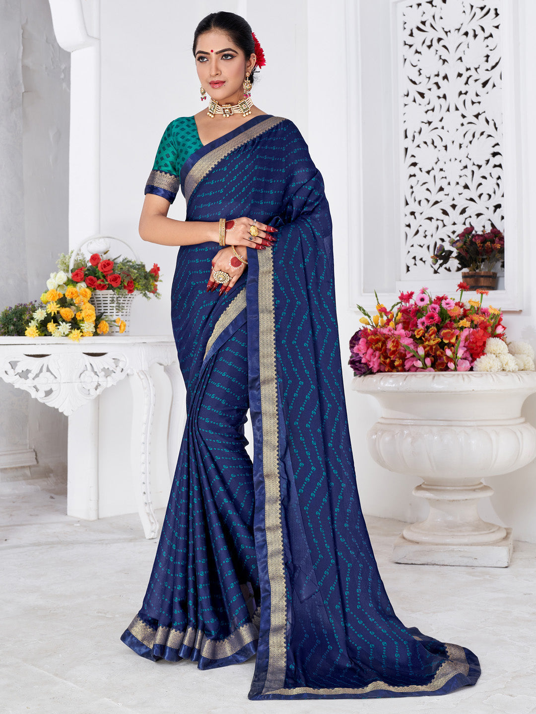 Women's Chiffon Blue Printed Designer Saree With Blouse Piece