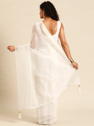 Indyancart GR Women's Shylaa Dove White Solid Zari Design Organza Saree