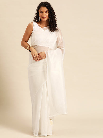 Indyancart GR Women's Shylaa Dove White Solid Zari Design Organza Saree
