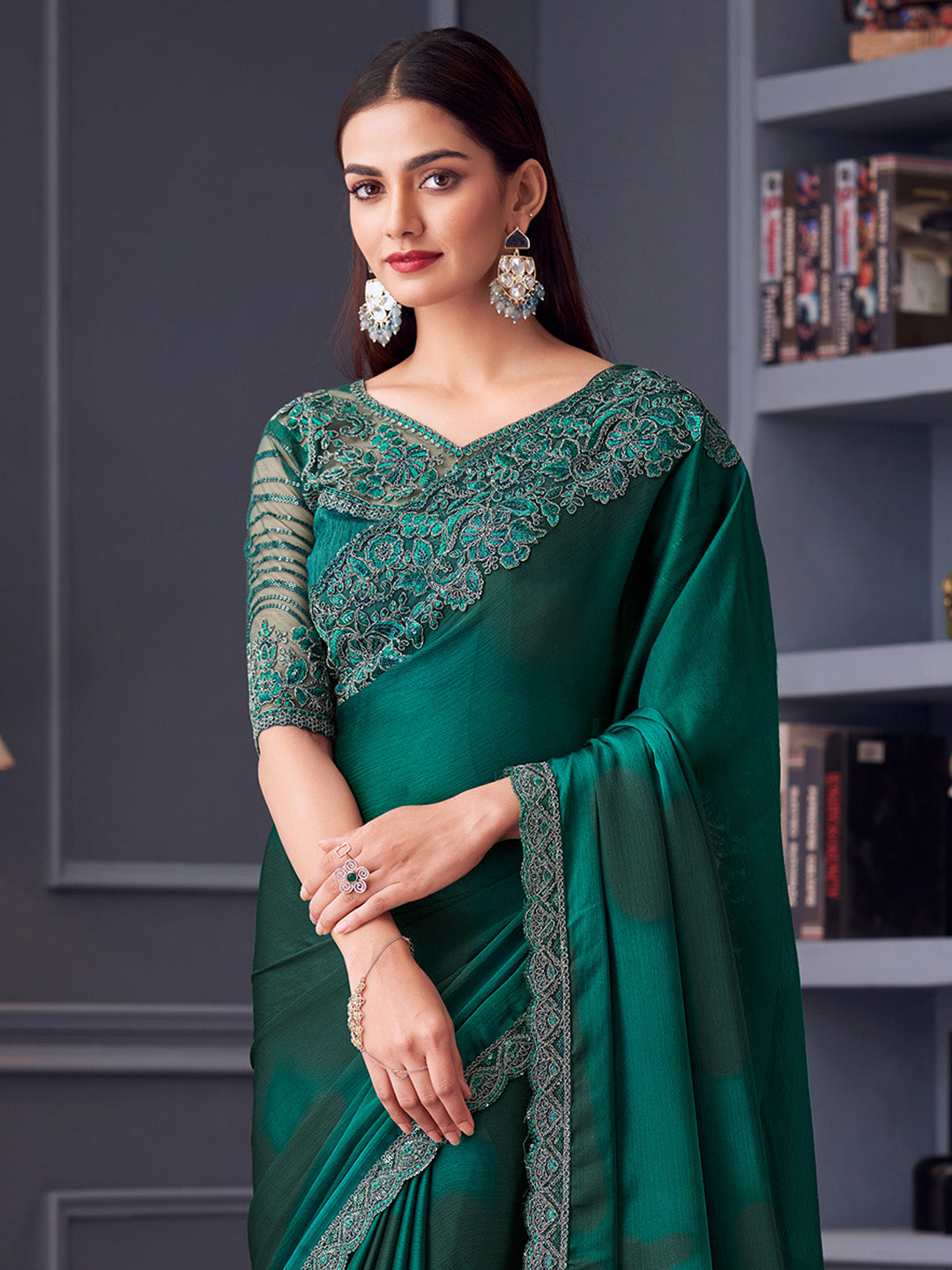Women's Satin Silk Teal blue Embellished Designer Saree With Blouse Piece