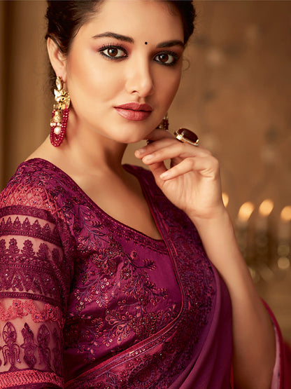 Women's Pure Chiffon Magenta Embellished Designer Saree With Blouse Piece