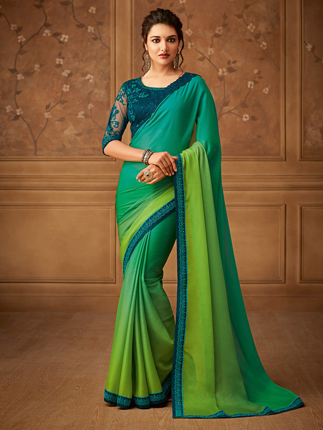 Women's Pure Chiffon Green Embellished Designer Saree With Blouse Piece