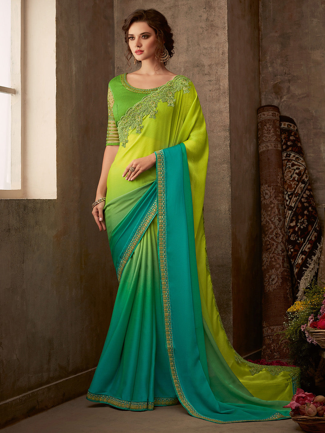 Women's Pure Chiffon Light Blue Embellished Designer Saree With Blouse Piece