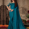 Women's Satin Silk Teal blue Embellished Designer Saree With Blouse Piece