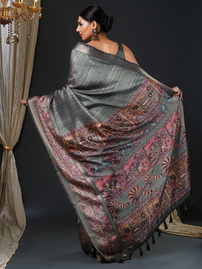 Women's Mysore Silk Charcoal Grey Printed Designer Saree With Blouse Piece