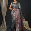 Women's Mysore Silk Charcoal Grey Printed Designer Saree With Blouse Piece