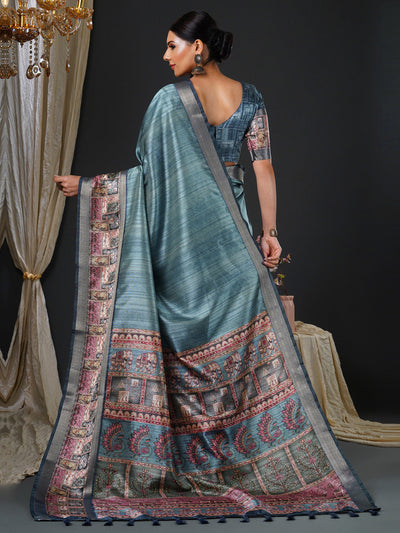 Women's Mysore Silk Grey Printed Designer Saree With Blouse Piece