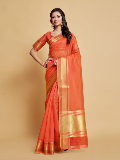 Indyancart GR Women's Siya Peach Orange Solid Zari Design Organza Saree