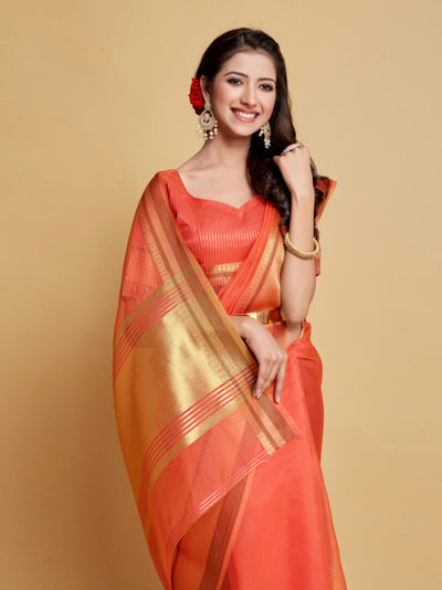 Indyancart GR Women's Siya Peach Orange Solid Zari Design Organza Saree