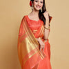 Dhiyona GR Women's Siya Peach Orange Solid Zari Design Organza Saree