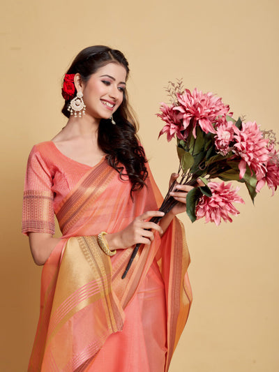 Indyancart GR Women's Siya Salmon Pink Solid Zari Design Organza Saree