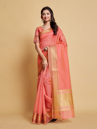 Indyancart GR Women's Siya Salmon Pink Solid Zari Design Organza Saree