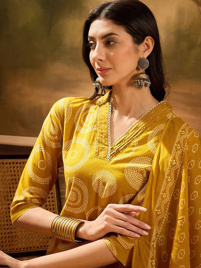 Indyancart SN Women's Bandhani Printed Pure Cotton Straight Kurta With Trousers & Dupatta Set
