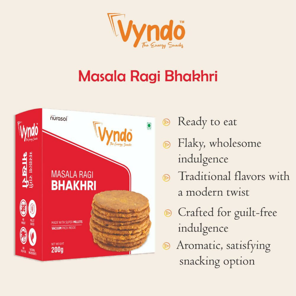 Vyndo Masala Ragi Bhakhri, crispy North Indian snack with spiced ragi flour, served on a wooden plate with colorful ingredients.