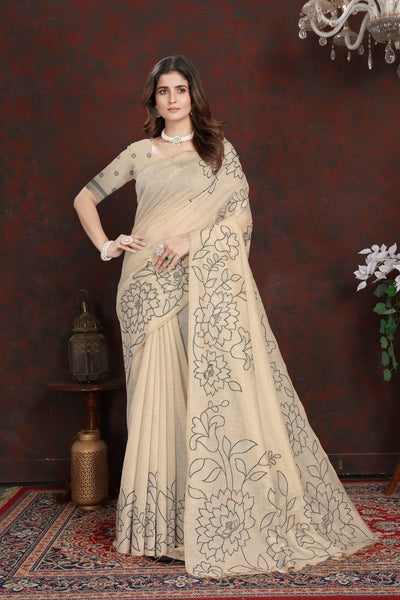 Indyancart GR Women's Sketch Beige & Black Pure Mul Cotton Jamdani Saree