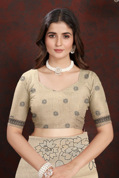 Dhiyona GR Women's Sketch Beige & Black Pure Mul Cotton Jamdani Saree