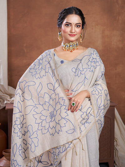 Indyancart GR Women's Sketch Beige & Navy Pure Mul Cotton Jamdani Saree