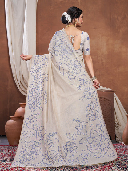 Dhiyona GR Women's Sketch Beige & Navy Pure Mul Cotton Jamdani Saree