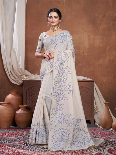 Indyancart GR Women's Sketch Beige & Navy Pure Mul Cotton Jamdani Saree